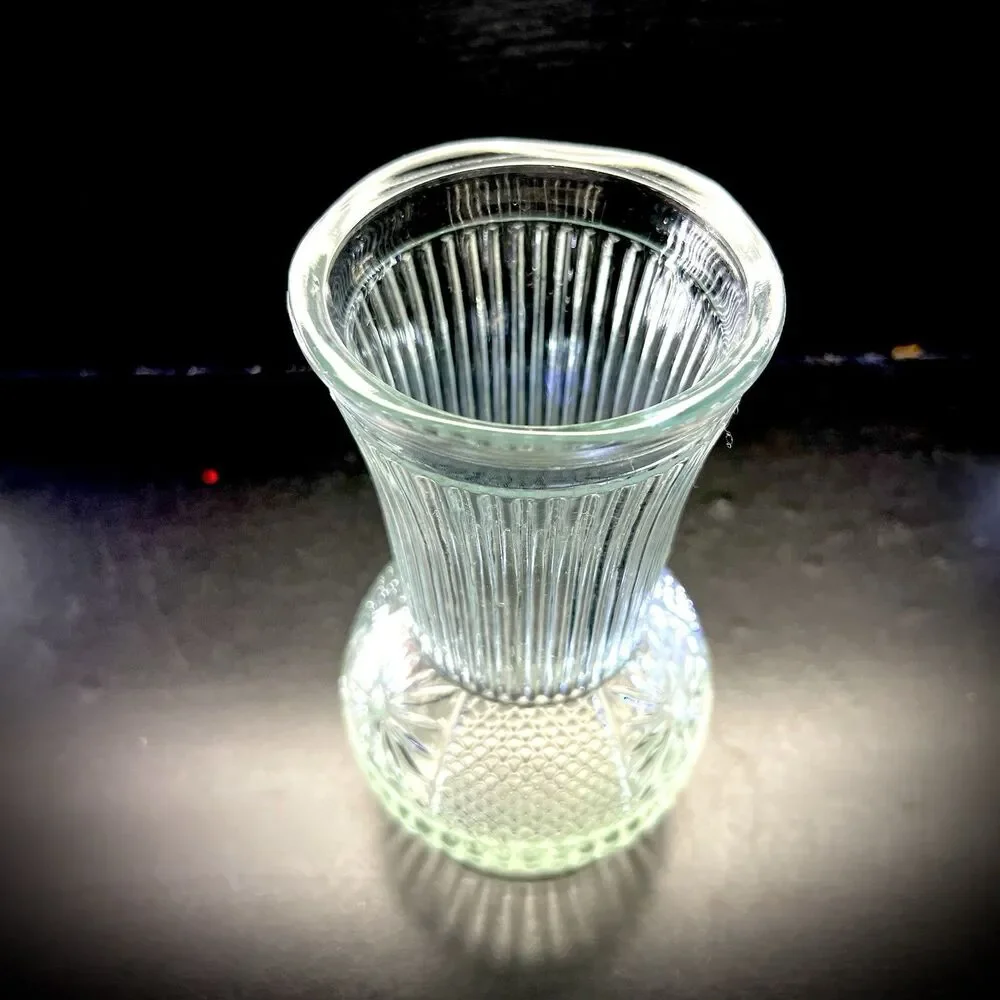 Vintage Clear Pressed Glass 6.5”Flower Vase- Ribbed & Starburst Diamond Design